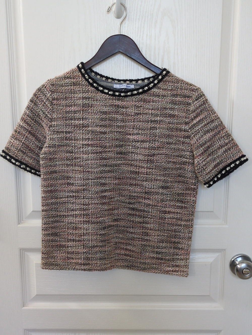 Zara Pink and Black Tweed Short Sleeve Top